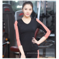 Women 85spandex+15nylon fitness Plain V Neck Contrast Color 3/4 Sleeve Tshirt Sport Wear